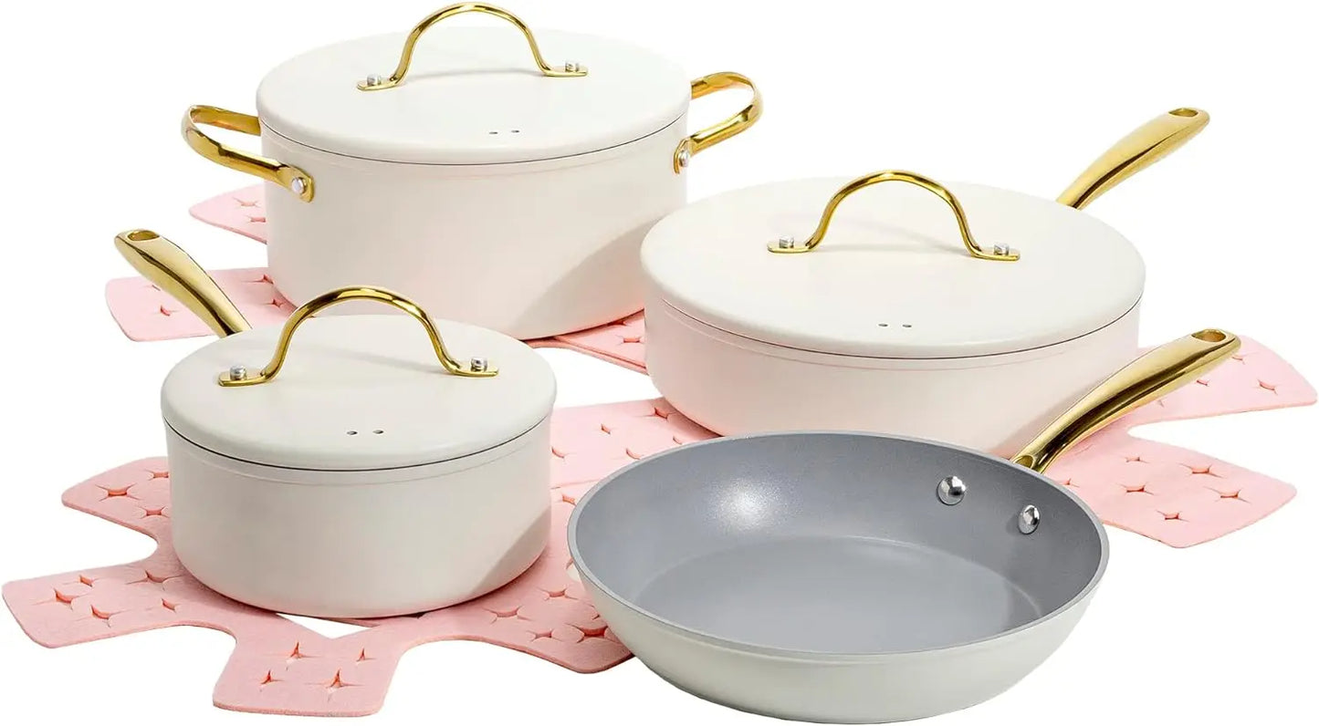 4 Nonstick Pots and Pans Set, Matching Lids With Gold Handles