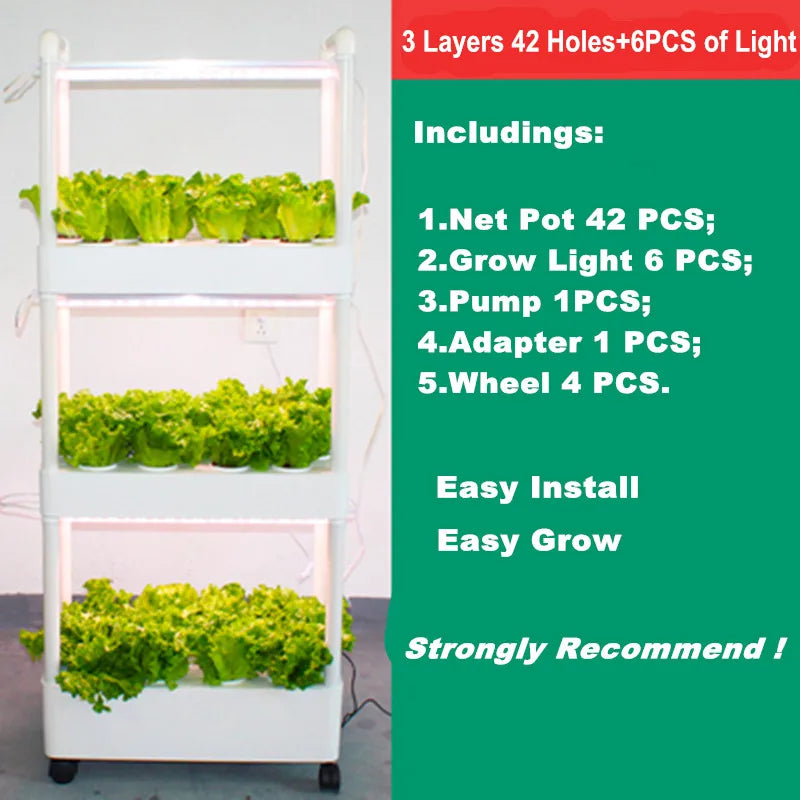 Indoor Vertical Hydroponic Growing Systems Kits with LED Light, 3 Layers, 42 Plants Sites