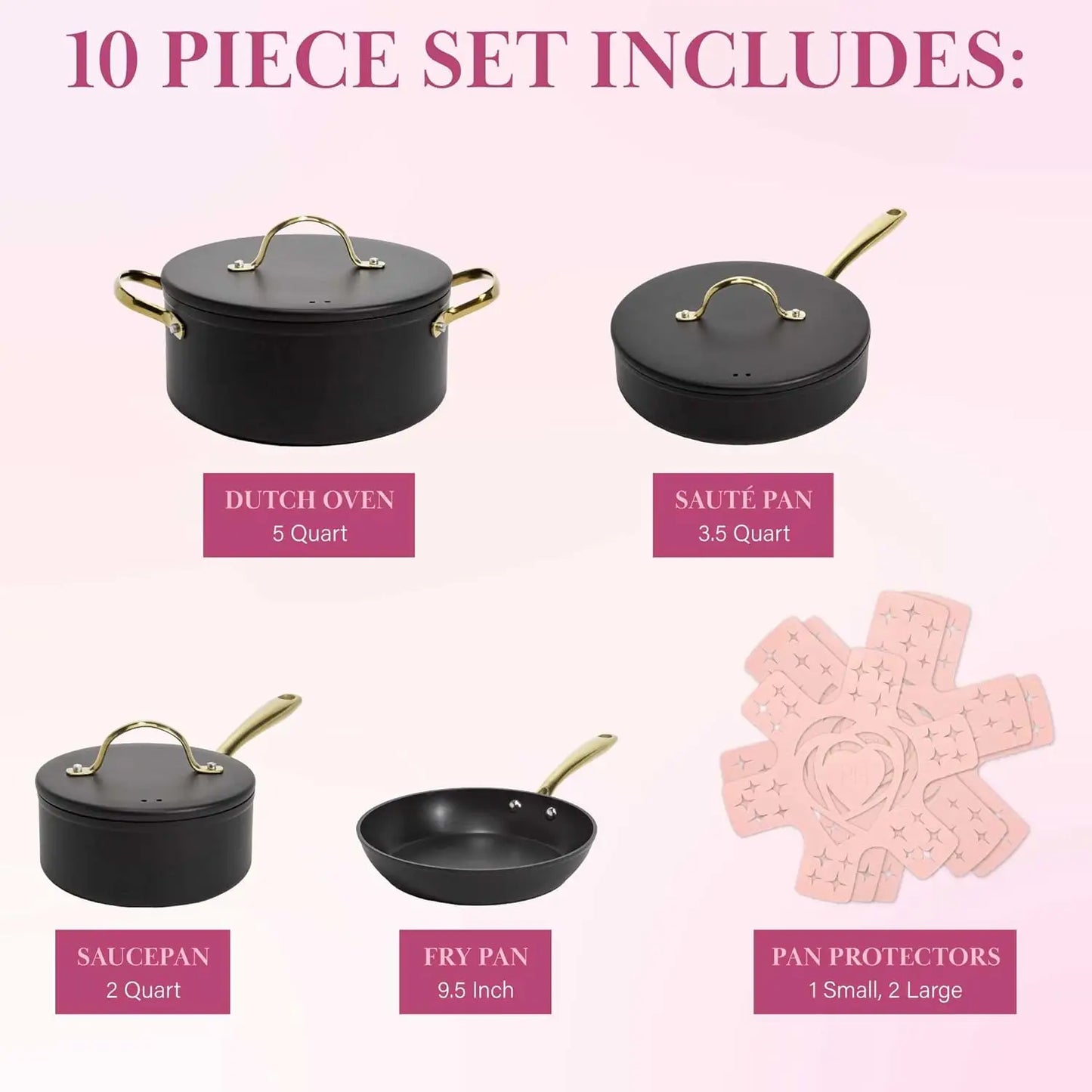 4 Nonstick Pots and Pans Set, Matching Lids With Gold Handles