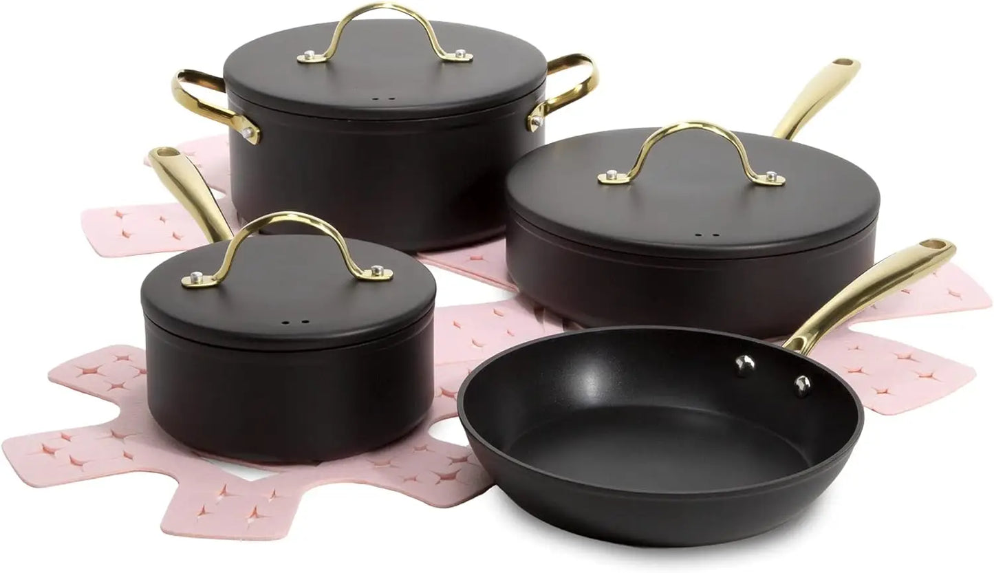 4 Nonstick Pots and Pans Set, Matching Lids With Gold Handles