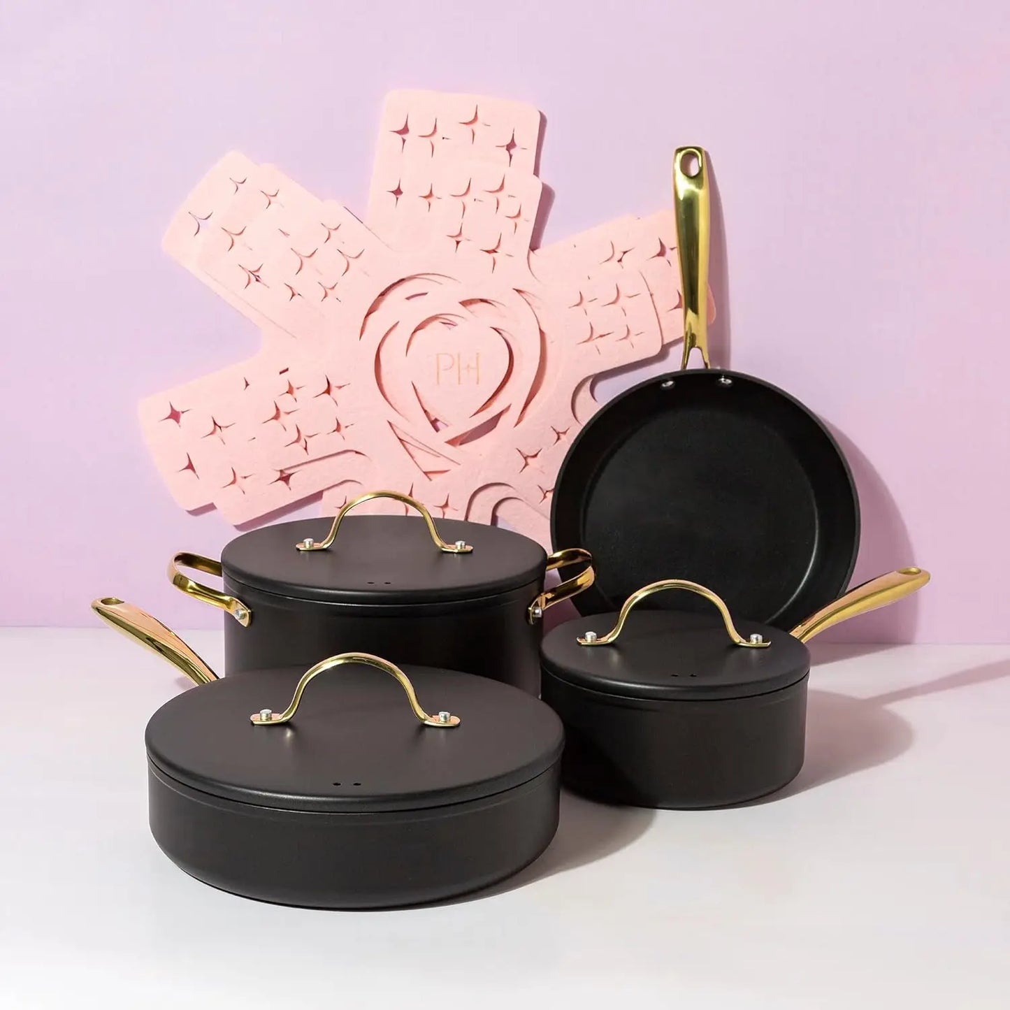 4 Nonstick Pots and Pans Set, Matching Lids With Gold Handles