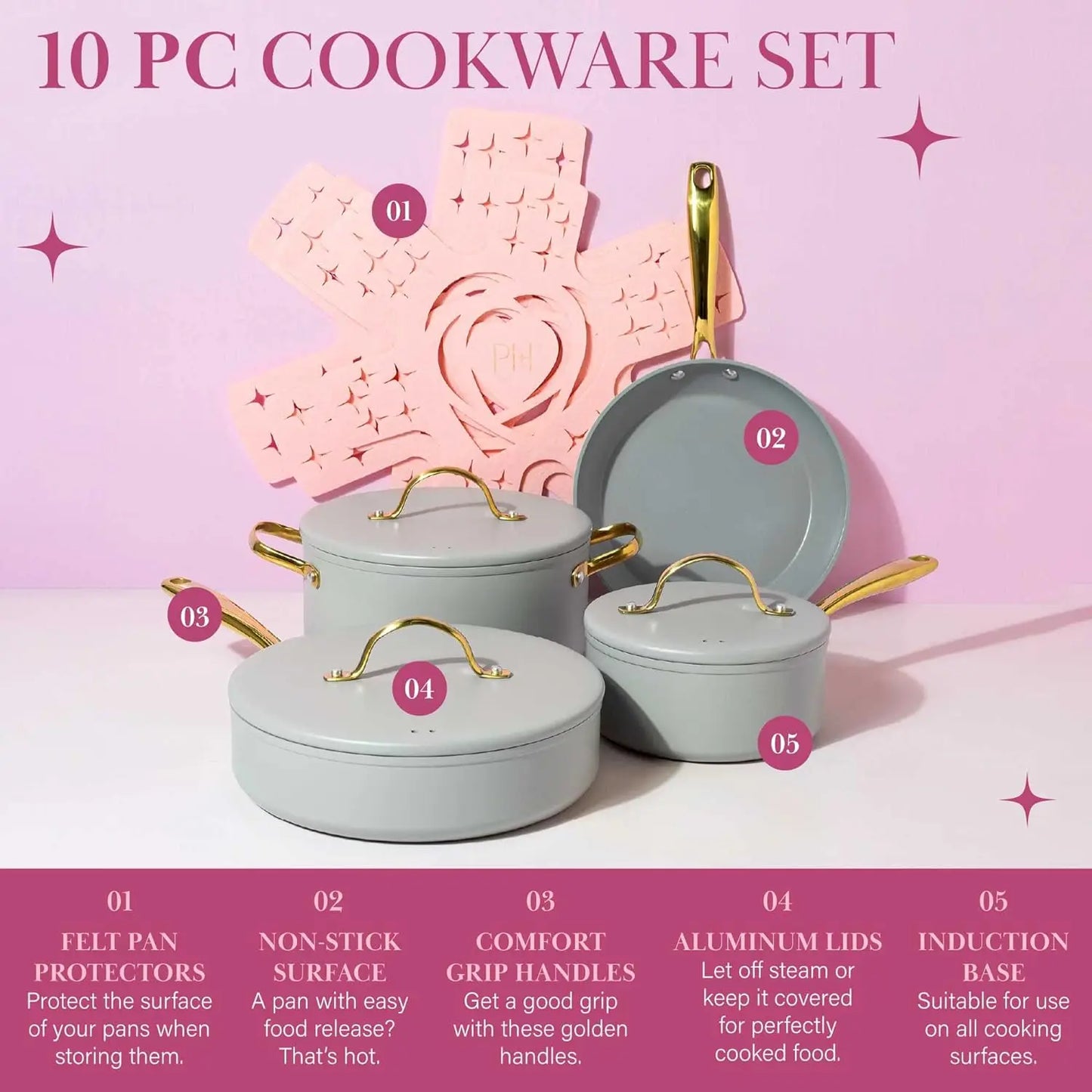 4 Nonstick Pots and Pans Set, Matching Lids With Gold Handles