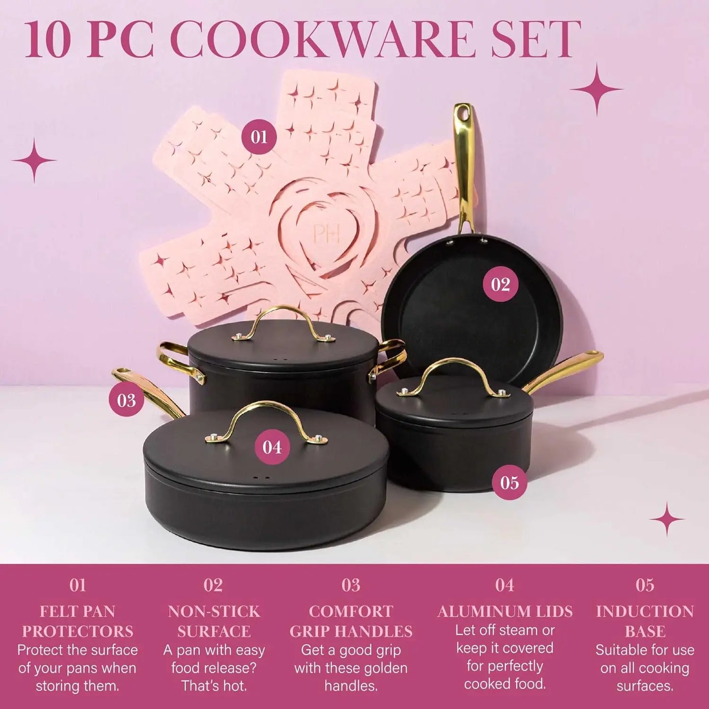 4 Nonstick Pots and Pans Set, Matching Lids With Gold Handles