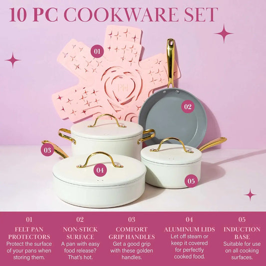 4 Nonstick Pots and Pans Set, Matching Lids With Gold Handles