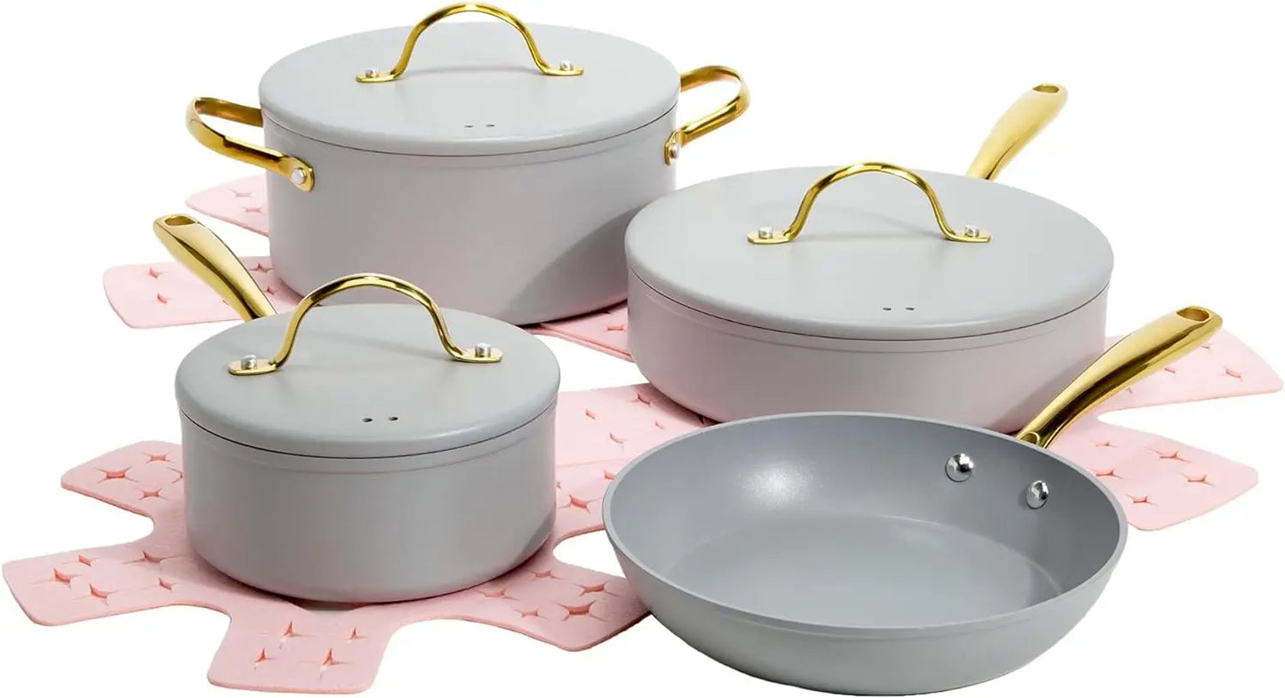 4 Nonstick Pots and Pans Set, Matching Lids With Gold Handles